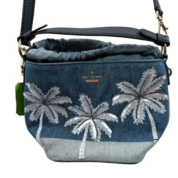 Kate Spade California Dreaming Pippa Blue Denim Palm Tree Bucket Bag NEW RARE - Picture 2 of 14